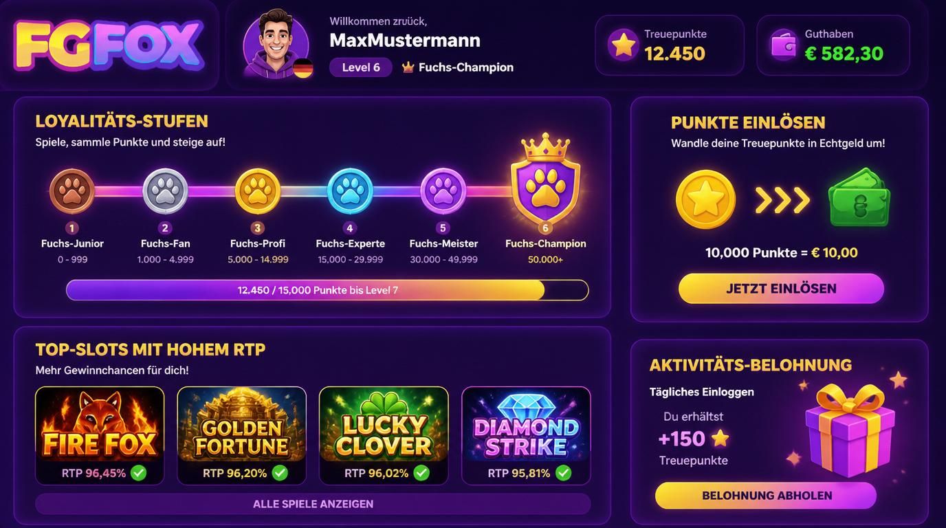 Darstellung von Treueprogramm, Leveln und Punktetausch bei FGFox Casino