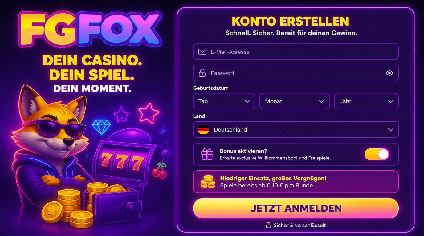Darstellung eines klar strukturierten Anmeldeformulars auf deutsch auf einer Casino Webseite