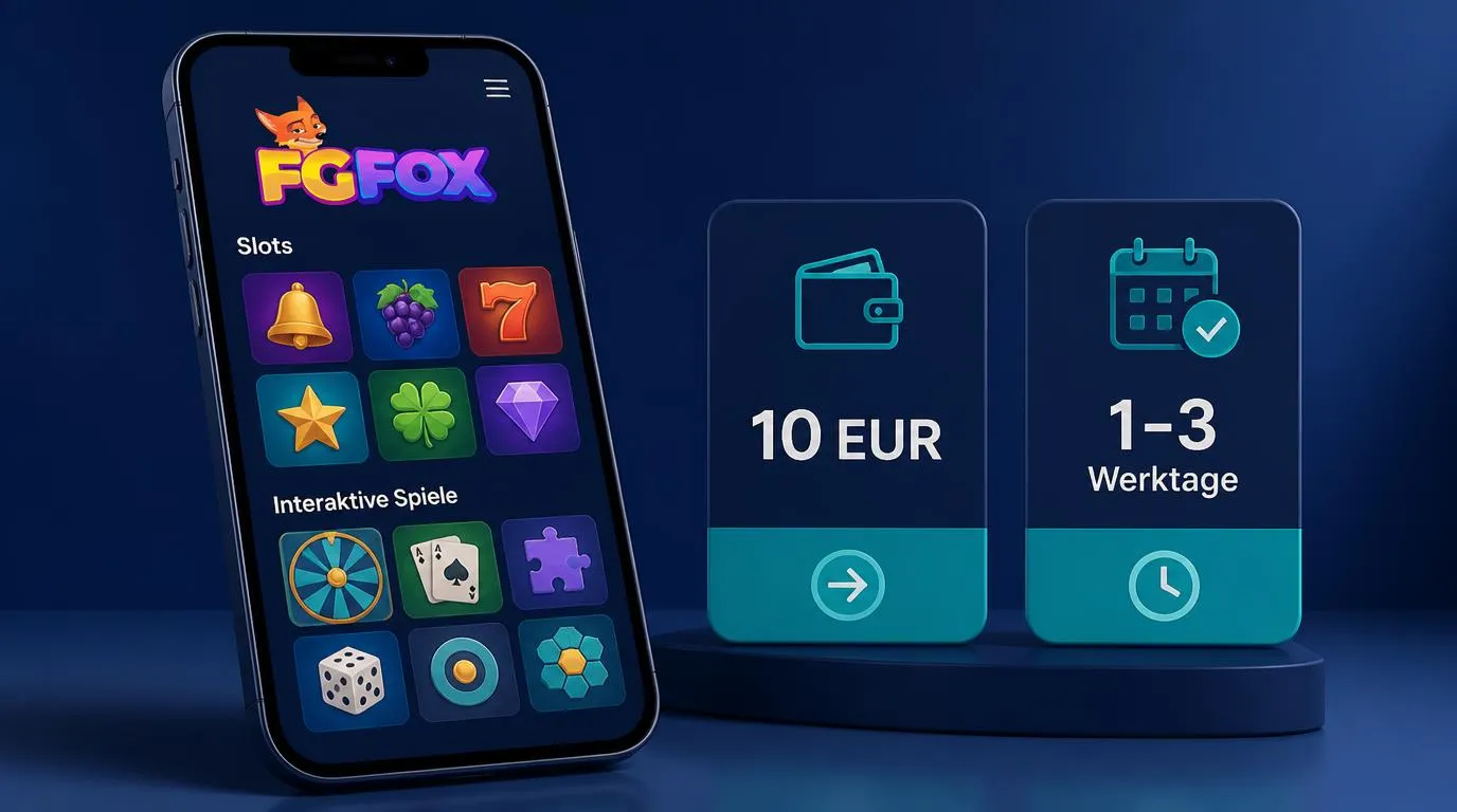 Smartphone mit Casino-Spieleauswahl neben einer Anzeige für 10 EUR Einzahlung und 1 bis 3 Werktage Auszahlung