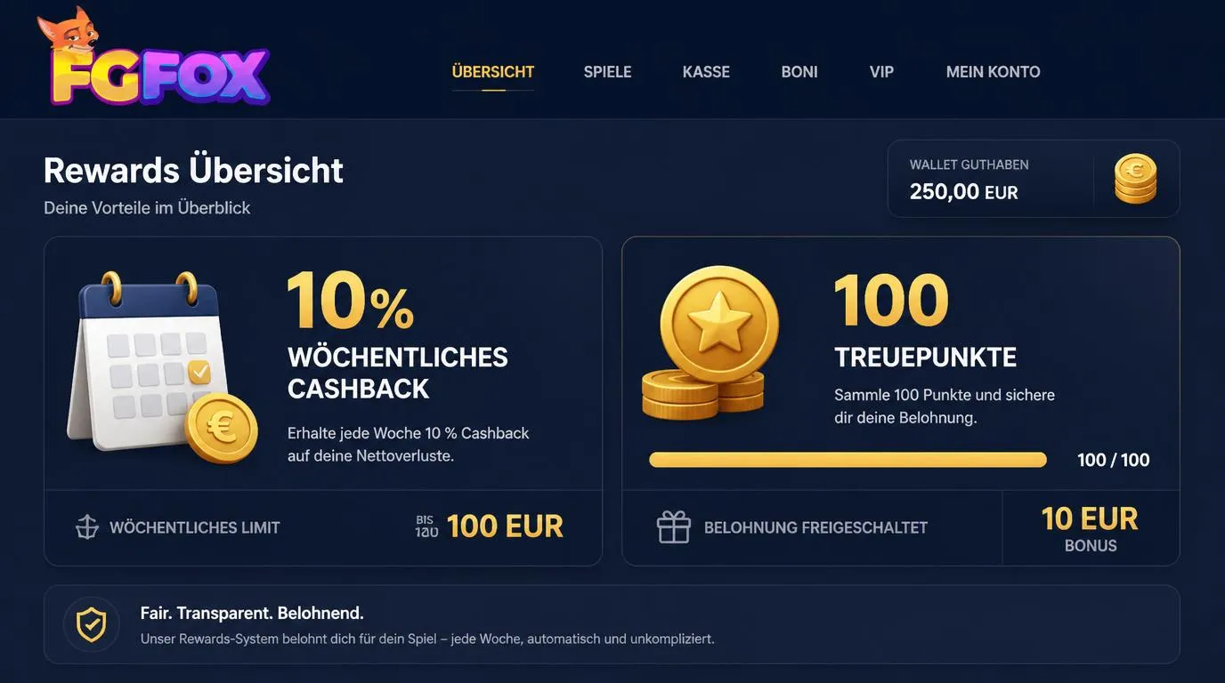 Casino-Dashboard mit Karten für wöchentliches Cashback und den Fortschritt bei Treuepunkten