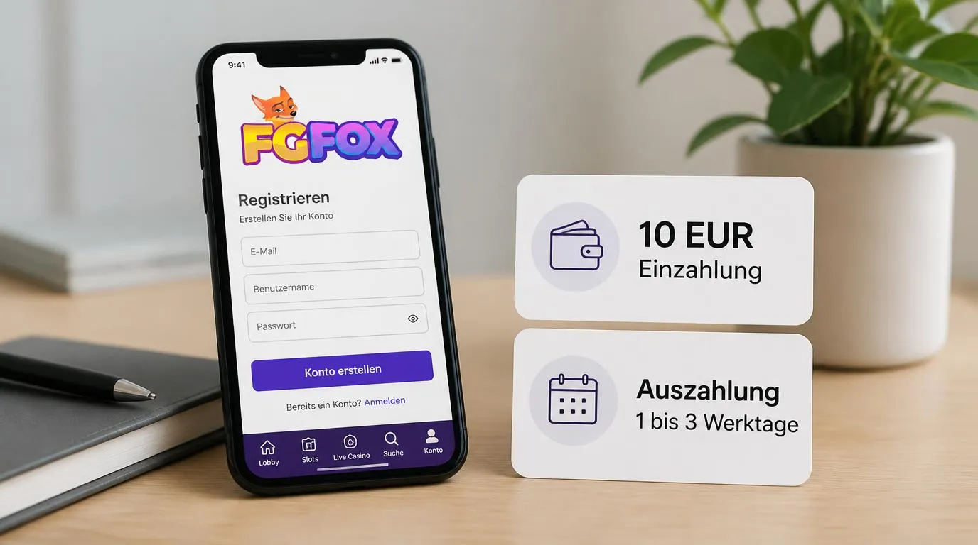 Smartphone mit Casinoansicht neben einer Karte mit 10 EUR Einzahlung und 1 bis 3 Werktagen Auszahlung