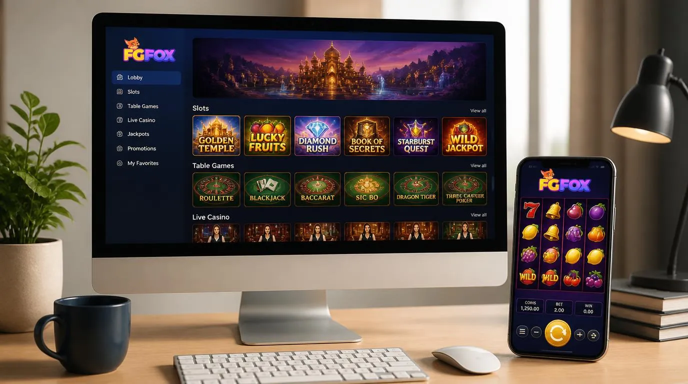 Desktop und Smartphone mit übersichtlichen Casino-Spieloberflächen für Slots und Tischspiele