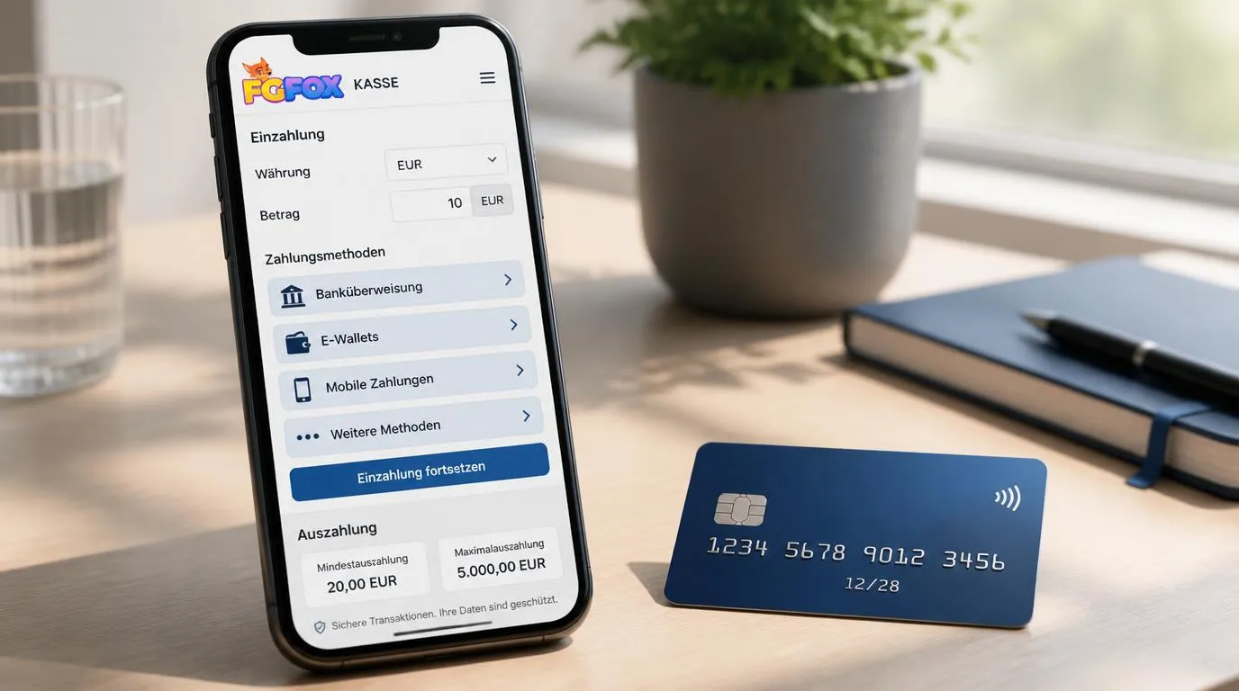 Smartphone mit Euro-Kassenbereich, Bankkarte und Symbolen für digitale Zahlungen auf einem Schreibtisch